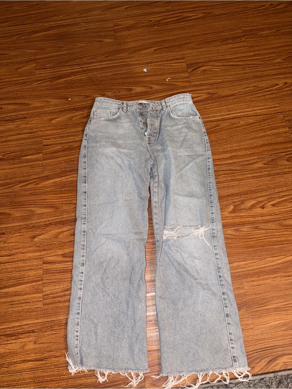 Zara Light Blue Distressed Wide-Leg Jeans